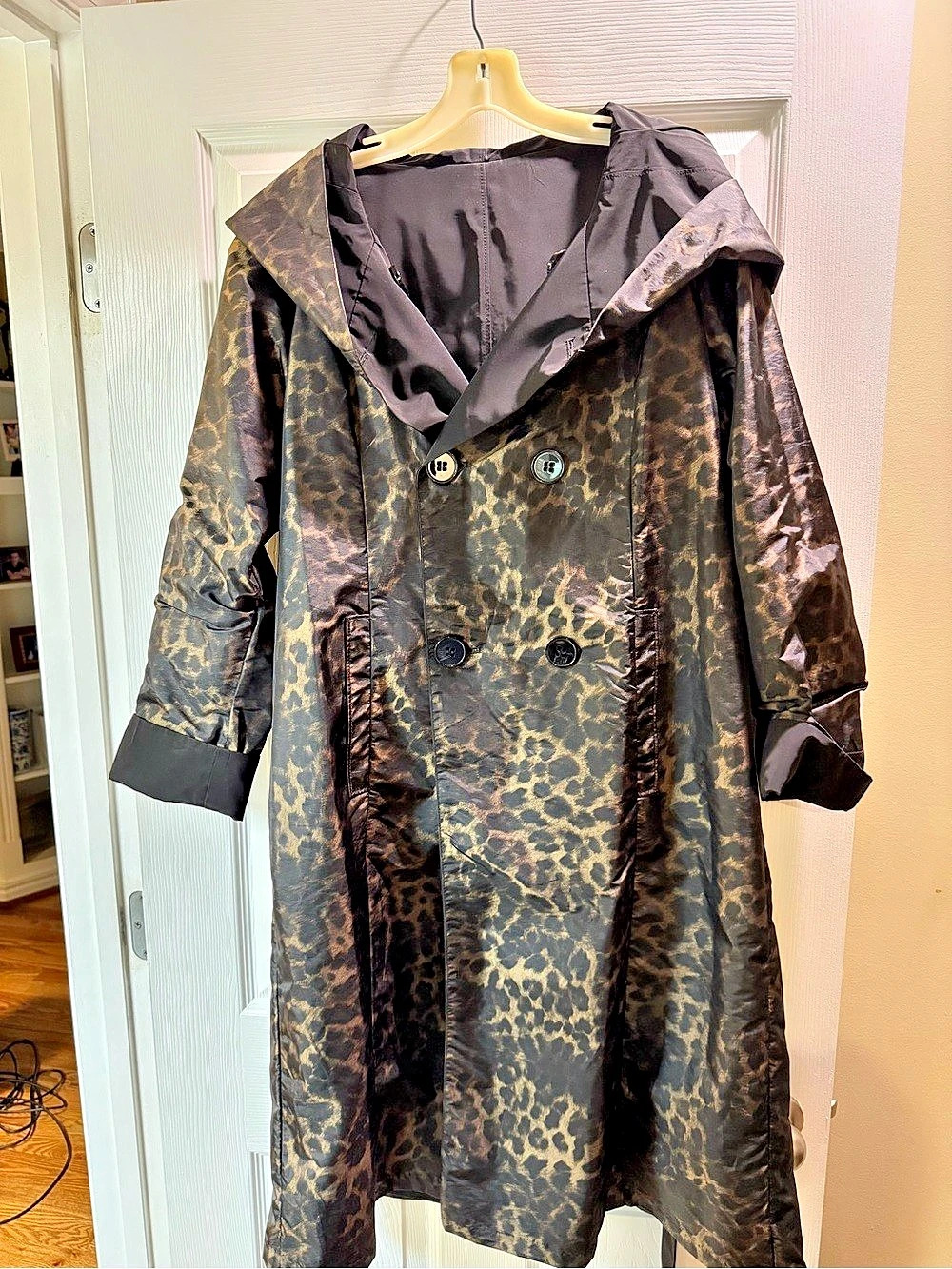 Nine West Leopard Print/Black Hooded Reversible Trench Coat
